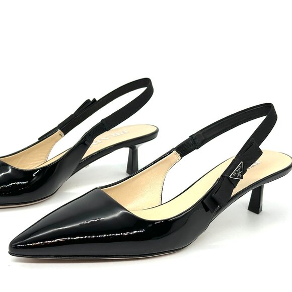 PRADA Triangle Logo Bow Pointed Toe Kitten Heel Slingback Pumps Sandals - Picture 13 of 16